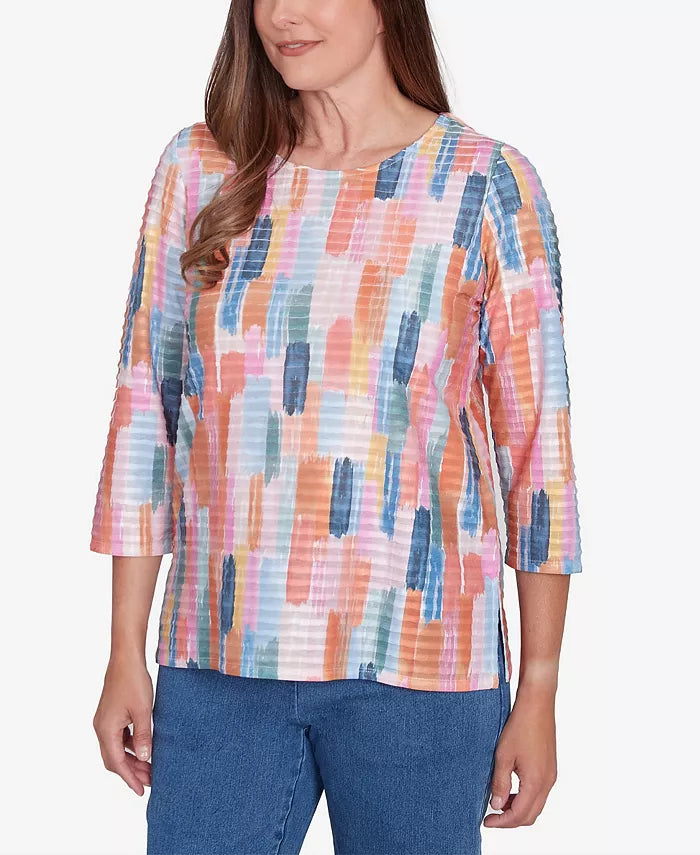 Alfred Dunner Women's Free Spirit Mini Ruffle Brushstroke Crew Neck Top, Coral