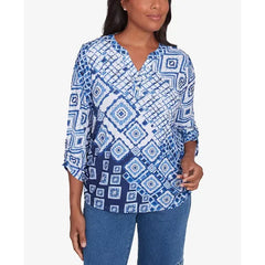 Alfred Dunner Women's Free Spirit Ikat Patched Geometric Top, Navy Multi