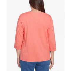 Alfred Dunner Women's Free Spirit Solid Cut Out Beaded Split Neck Top, Coral, Size S