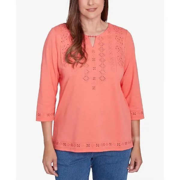 Alfred Dunner Women's Free Spirit Solid Cut Out Beaded Split Neck Top, Coral, Size S