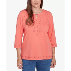 Alfred Dunner Women's Free Spirit Solid Cut Out Beaded Split Neck Top, Coral, Size S