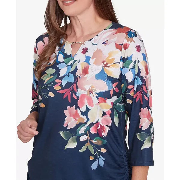 Alfred Dunner Women's Free Spirit Floral Knit Ruched Sleeve Top, Navy