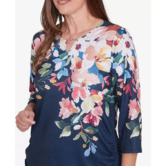 Alfred Dunner Women's Free Spirit Floral Knit Ruched Sleeve Top, Navy