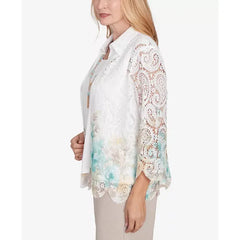 Alfred Dunner Women's Kensington Gardens Two in One Lace Floral Top with Necklace, Neutral Multi