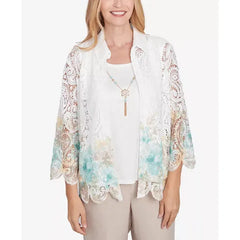 Alfred Dunner Women's Kensington Gardens Two in One Lace Floral Top with Necklace, Neutral Multi