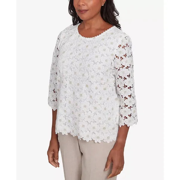 Alfred Dunner Women's Kensington Gardens Daisy Woven Lace Crew Neck Top, Ivory