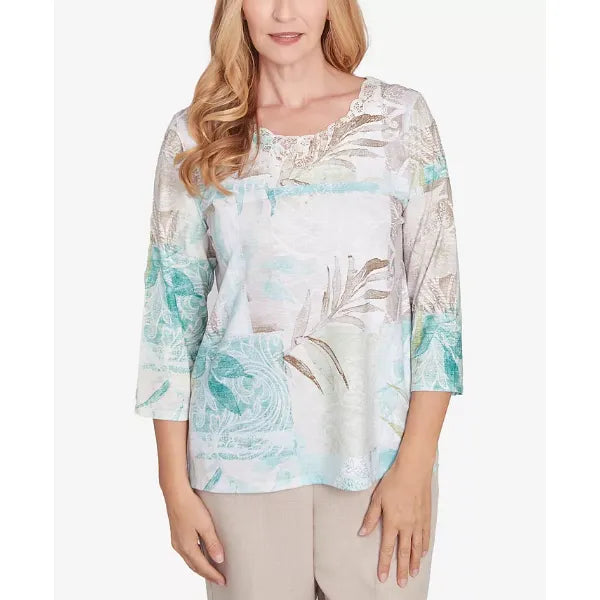 Alfred Dunner Women's Kensington Gardens Patchwork Leaves Textured Crewneck Top, Neutral Multi