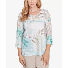 Alfred Dunner Women's Kensington Gardens Patchwork Leaves Textured Crewneck Top, Neutral Multi