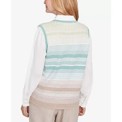 Alfred Dunner Women's Kensington Gardens Striped Vest Collared Two in One Sweater with Necklace, Neutral Multi