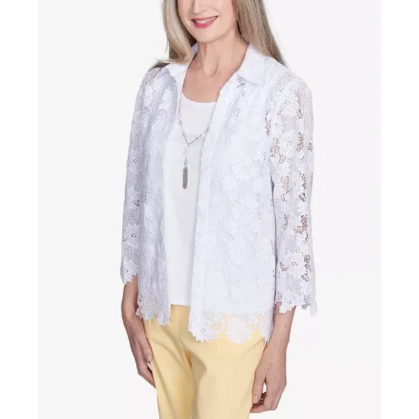 Alfred Dunner Women's Dress Code Two in One Lace Top with Necklace, White