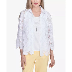 Alfred Dunner Women's Dress Code Two in One Lace Top with Necklace, White