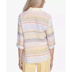 Alfred Dunner Women's Dress Code Button Down Striped Cuffed Sleeve Top, Multi Yellow