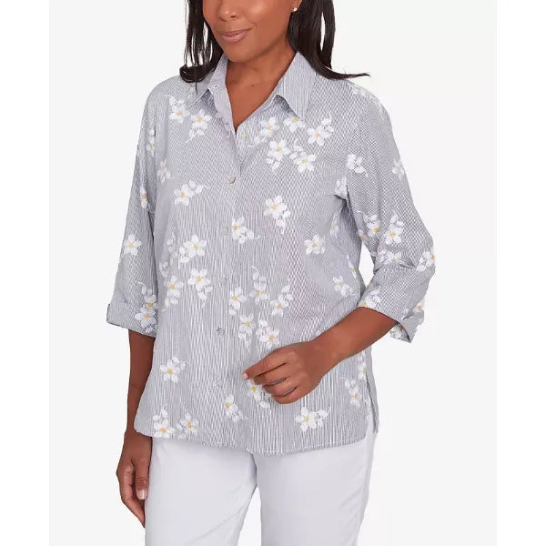 Alfred Dunner Women's Dress Code Flower Embroidered Button Down Striped Top, Pearl