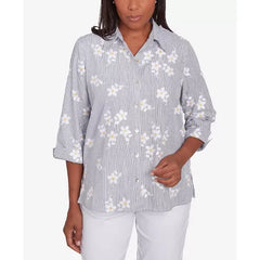 Alfred Dunner Women's Dress Code Flower Embroidered Button Down Striped Top, Pearl