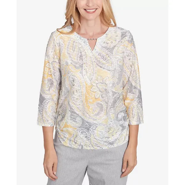 Alfred Dunner Women's Dress Code Textured Paisley Beaded Neck Top, Grey Multi