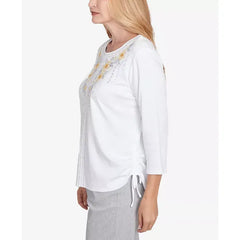 Alfred Dunner Women's Dress Code Linear Knit Floral Embroidered Crew Neck Top, White