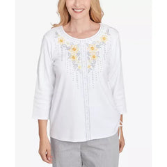 Alfred Dunner Women's Dress Code Linear Knit Floral Embroidered Crew Neck Top, White