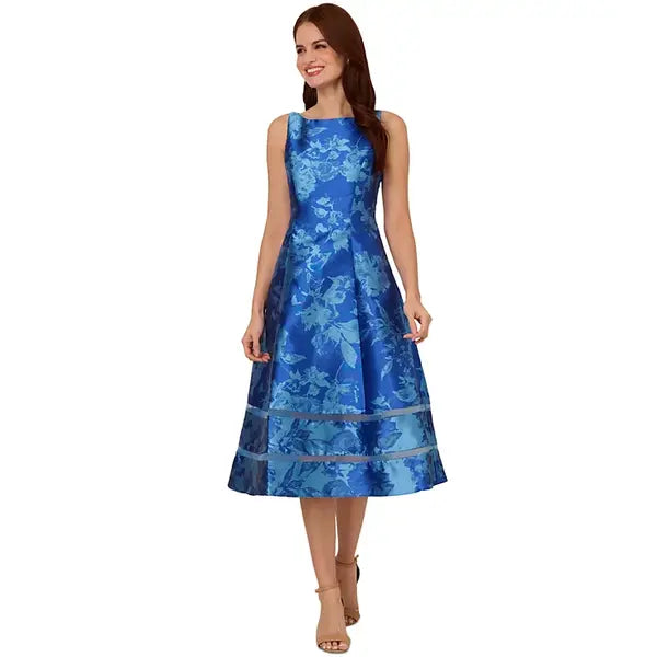 Adrianna Papell Womens Boat Neck Metallic Fit and Flare Dress for Special Occasions