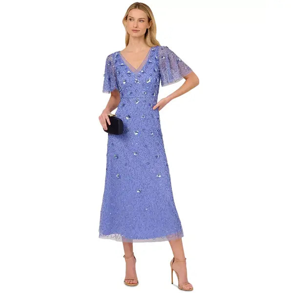 Adrianna Papell Women's Bead Mesh Flutter Sleeve Dress, Perfect for Elegant Evenings and Special Occasions