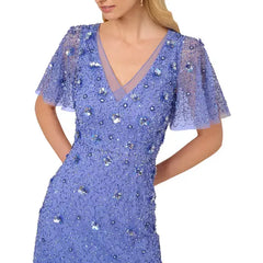 Adrianna Papell Women's Bead Mesh Flutter Sleeve Dress, Perfect for Elegant Evenings and Special Occasions