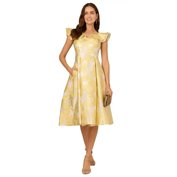 Adrianna Papell Women's Boat-Neck Flutter-Sleeve Dress, Perfect for Sophisticated Occasions, Yellow Multi