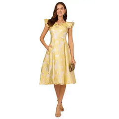 Adrianna Papell Women's Boat-Neck Flutter-Sleeve Dress, Perfect for Sophisticated Occasions, Yellow Multi