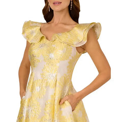 Adrianna Papell Women's Boat-Neck Flutter-Sleeve Dress, Perfect for Sophisticated Occasions, Yellow Multi