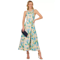 Adrianna Papell Women's Floral Jacquard Ankle Dress, Perfect for Sophisticated Events, Ivory/Blue Multi