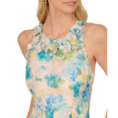 Adrianna Papell Women's Floral Jacquard Ankle Dress, Perfect for Sophisticated Events, Ivory/Blue Multi