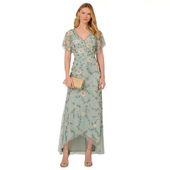 Adrianna Papell Women's Bead Flutter Sleeve Midi Mesh Dress for Elegant and Timeless Evening Wear , Aqua Dust