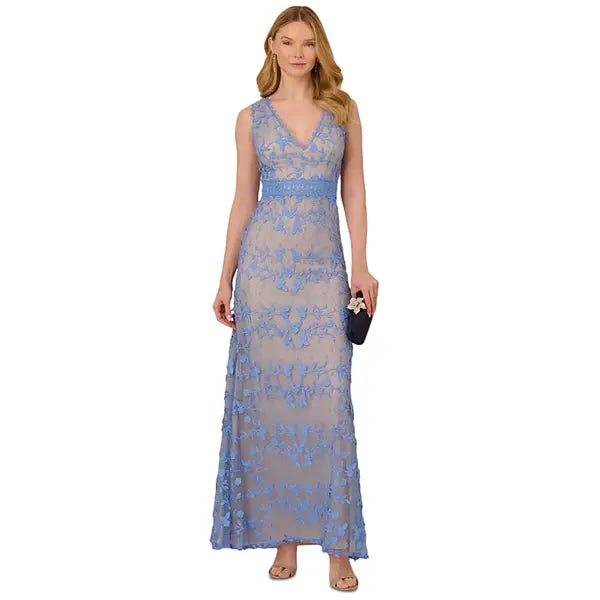 Adrianna Papell Womens Embroidered V Neck Lace Gown, Elegant and Timeless Style for Formal Occasions, Peri Blue