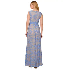 Adrianna Papell Womens Embroidered V Neck Lace Gown, Elegant and Timeless Style for Formal Occasions, Peri Blue