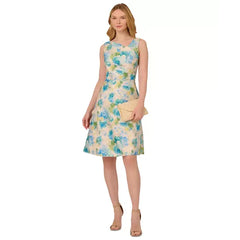 Adrianna Papell Womens Jacquard Asymmetric Neck Dress, Elegant Formal or Party Outfit, Ivory/Blue Multi
