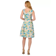 Adrianna Papell Womens Jacquard Asymmetric Neck Dress, Elegant Formal or Party Outfit, Ivory/Blue Multi