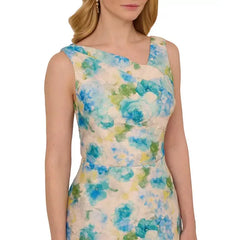 Adrianna Papell Womens Jacquard Asymmetric Neck Dress, Elegant Formal or Party Outfit, Ivory/Blue Multi