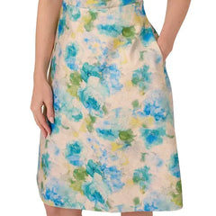 Adrianna Papell Womens Jacquard Asymmetric Neck Dress, Elegant Formal or Party Outfit, Ivory/Blue Multi