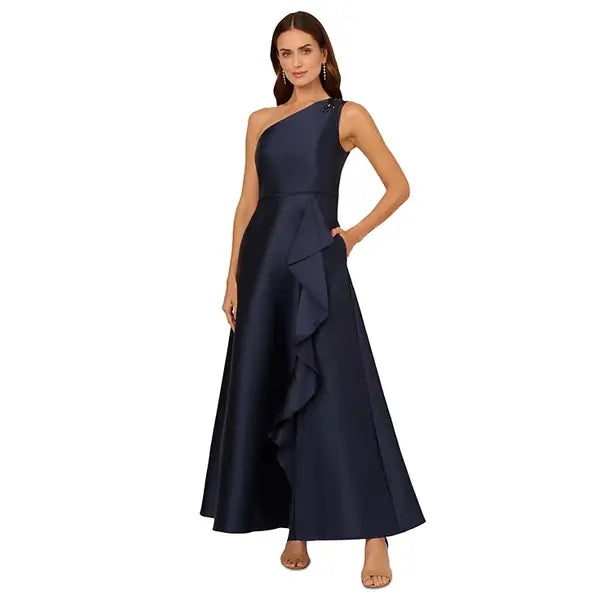 Adrianna Papell Womens Embellished One Shoulder Sleeveless Ballgown, Glamorous and Elegant Style for Formal Events, Midnight