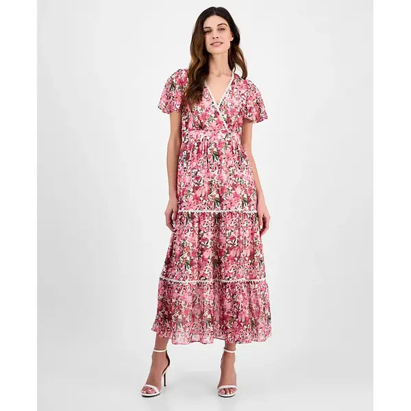 Anne Klein Womens Printed Surplice Neck Flutter Sleeve Dress for Work or Events ,Carmine Rose Multi