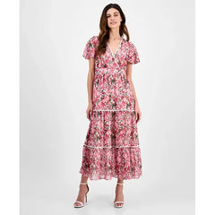 Anne Klein Womens Printed Surplice Neck Flutter Sleeve Dress for Work or Events ,Carmine Rose Multi