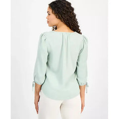 Anne Klein Petite V Neck Tie Sleeve Top, Stylish Comfortable Womens Blouse, Soft Aloe