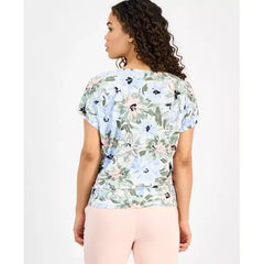 Anne Klein Petite Short Sleeve Dot Print Top, Stylish Comfortable Womens Blouse, Soft Aloe Multi