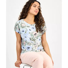 Anne Klein Petite Short Sleeve Dot Print Top, Stylish Comfortable Womens Blouse, Soft Aloe Multi