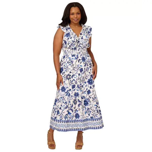 Adrianna Papell Plus Size Floral Print Ruffled Maxi Dress Elegant and Feminine Style for Special Occasions, White/Blue Multi