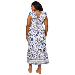 Adrianna Papell Plus Size Floral Print Ruffled Maxi Dress Elegant and Feminine Style for Special Occasions, White/Blue Multi