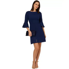 Adrianna Papell Women's Eyelet Embroidered Dress, Perfect for Daytime Events and Casual Elegance, Navy Sateen