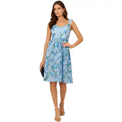 Adrianna Papell Womens Flutter Sleeve Embroidered Dress, Elegant Floral Detail for Special Occasions,Blue Multi