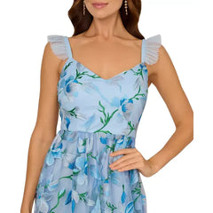 Adrianna Papell Womens Flutter Sleeve Embroidered Dress, Elegant Floral Detail for Special Occasions,Blue Multi