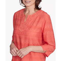 Alfred Dunner Women's Catalina Island Solid Textured Lace Trim Top, Tangerine