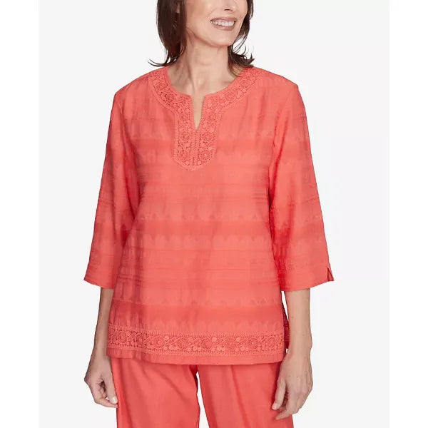 Alfred Dunner Women's Catalina Island Solid Textured Lace Trim Top, Tangerine