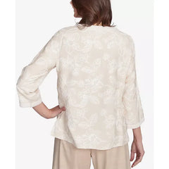 Alfred Dunner Women's Catalina Island Tossed Floral Embroidery V-Neck Top, Linen